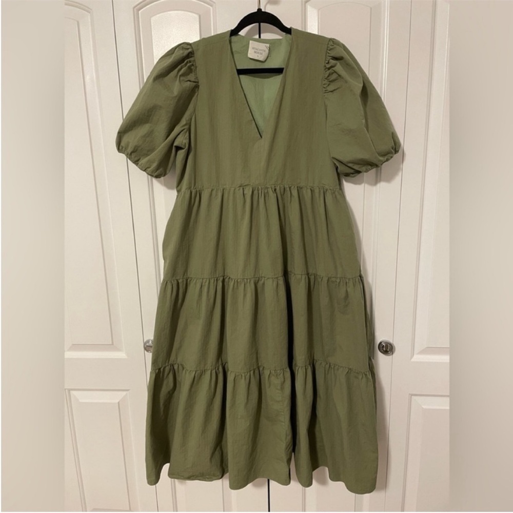 Elegant Green Puff Sleeve Dress - Picture 5 of 11